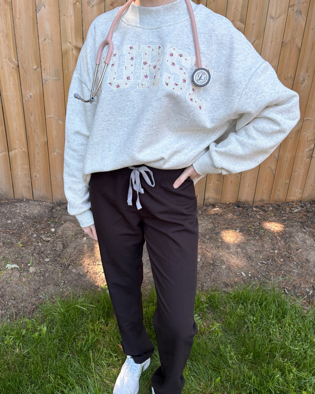 Grey mock neck with 'nurse' embroidery 