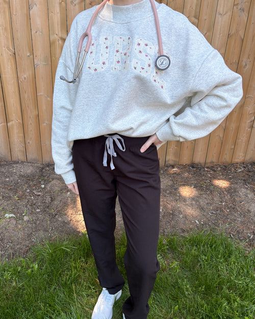 Grey mock neck with 'nurse' embroidery 